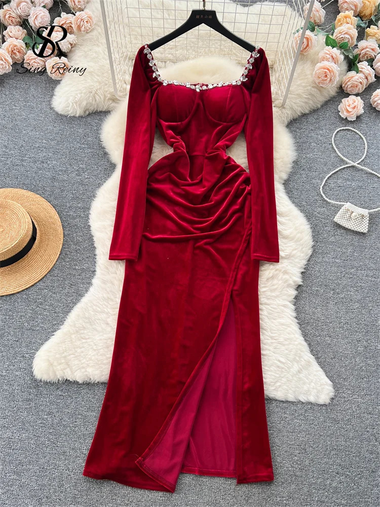 Singreeny Hiver Velvet Split Long Robe Fomens Squre Cou à manches longues Zippe Automne Perbe Diamond Sexy Party Robe 240904