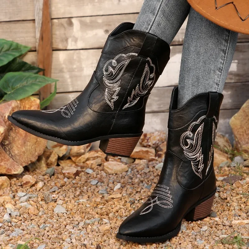 Women's Black Cowboy 2025 Fashion Zipper Embroidered Pointed Toe Thick Heel Mid-calf Western Boots Shi f7d9