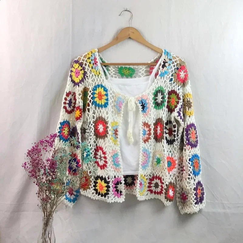 Hollow crochet sweater jacket 2023 spring and autumn fashion womens loose ethnic style cardigan casual 240904
