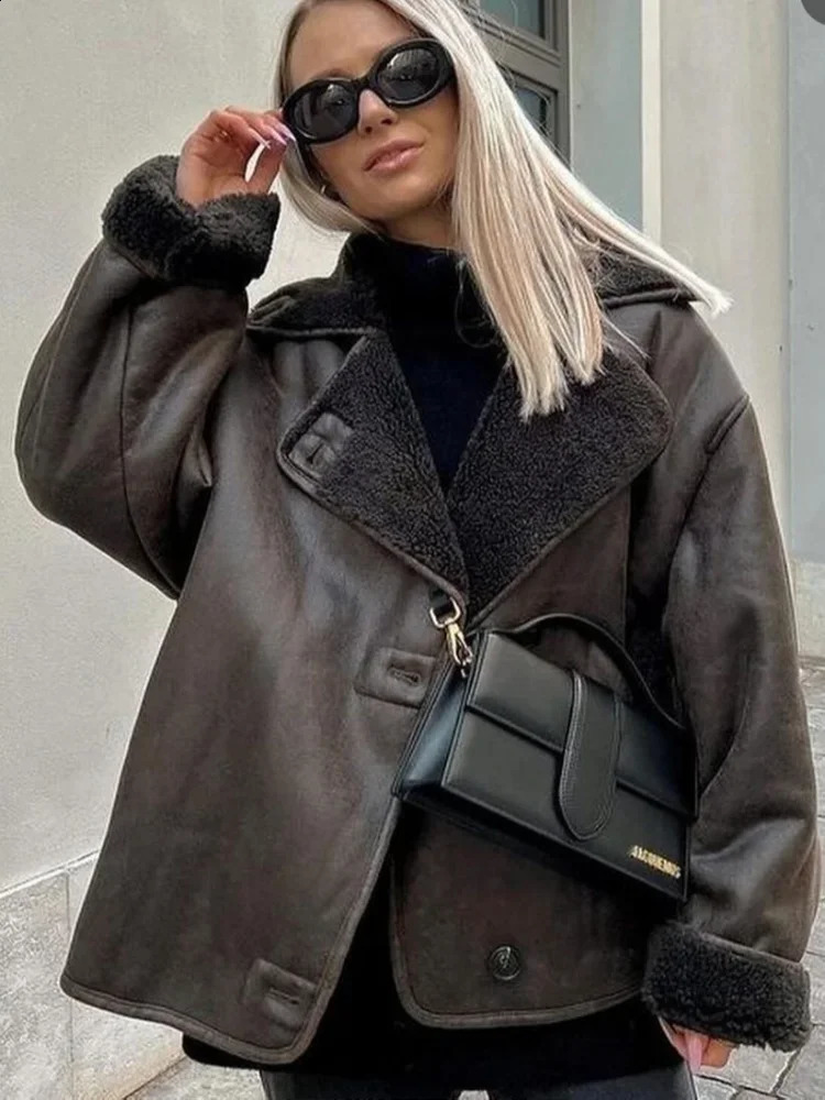 Chic Single Breasted Lapel Fleece Leather Jacket Women Long Sleeved With Pocket Warm Coat 2024 Autumn Winter Thick Outerwear 240903