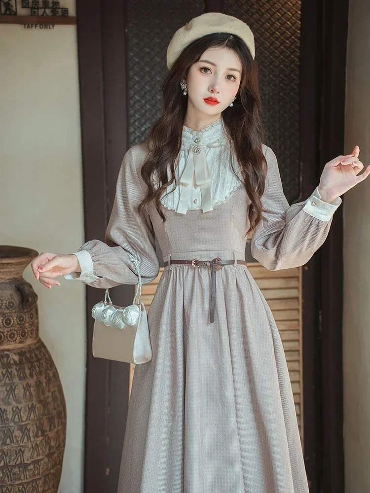 French literature retro womens long sleeved autumn lace bow cute sweet vest style retro elegant dressbelt 240904