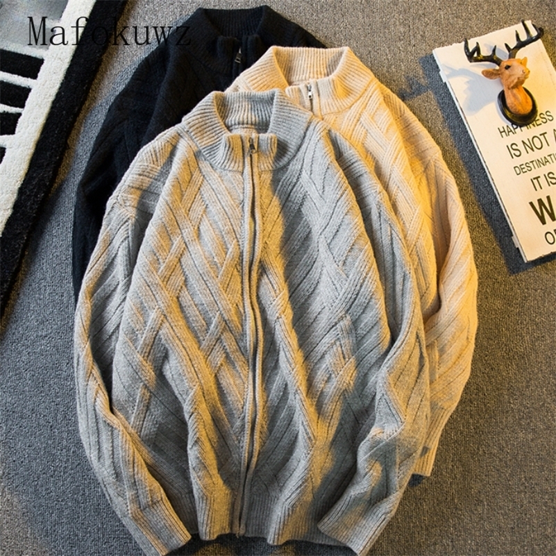 Winter Stand-up Collar Braided Rhombus Zipper Cardigan Sweater Men Loose Casual High Street Sweaters Male Clothes 240903