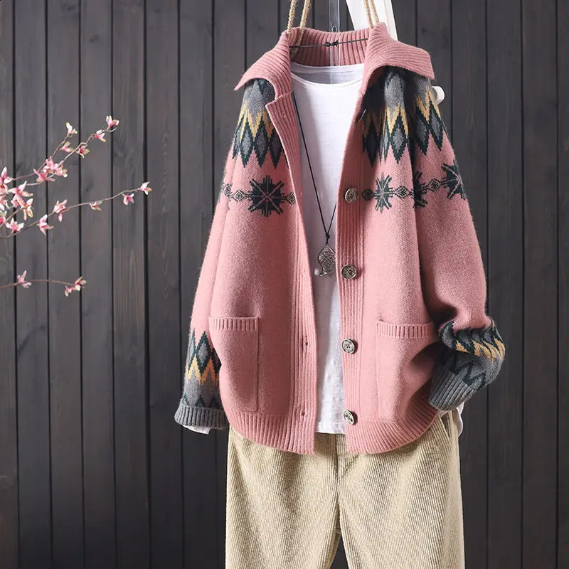 2023 female autumn and winter knitted button jacquard pocket long sleeve cardigan women art sweater coat 240904