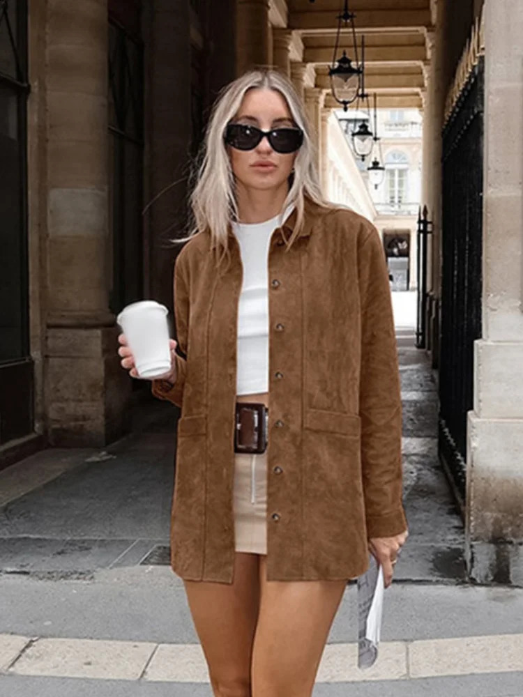 Retro Brown Women Lapel Pockets Shirt Coats Fashion Long Sleeve Single Breasted Loose Jacket 2024 Casual Lady Autumn Streetwear 240903