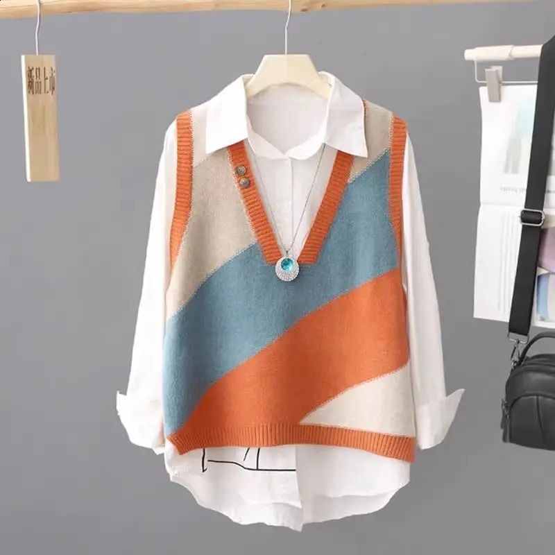 Spring and Autumn Knitted Vest Tank Top Loose Sweater Womens Coat Head Shirt Art Wear 240904