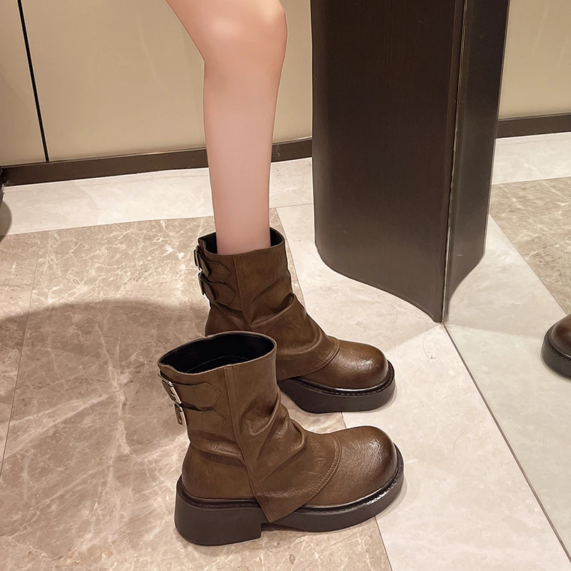 Chaussures pour femmes 2025 Automne Nouvelle mode All-in-One Retro Casual Chunky Talon Plateforme de cheville Boots Femme Femme Platafor B630