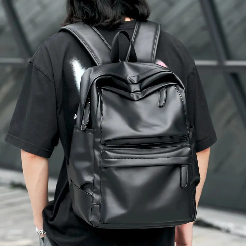 Mens Bag Leather Backpack Waterproof PU Leather Laptop 15.6 inch Backpack Travel Hiking Rucksack 240903