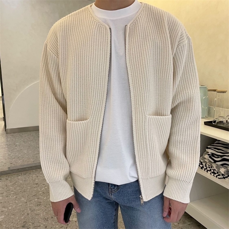 Knitted Sweaters for Men Round Collar with Pockets Man Clothes Plain Zip-up Jacket Cardigan Crewneck Solid Color Coat Zipper A S 240903