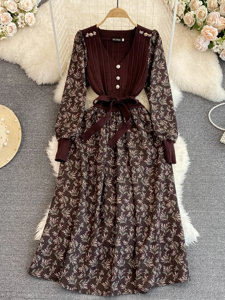 FTLZZ Autumn/Winter Womens Retro V-neck Puff Sleeve Knitted Patch Workwear Midi Dress Casual Women A-line Printed Dress 240904
