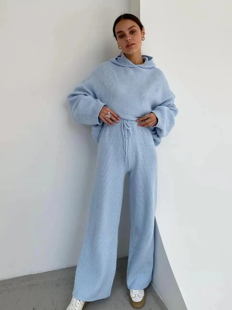 Women Casual Long Sleeve Hooded Knitted Top Suit Fashion Solid Lace Up Loose High Waist Pants Suits 2024 Autumn 2 Piece Sets 240903