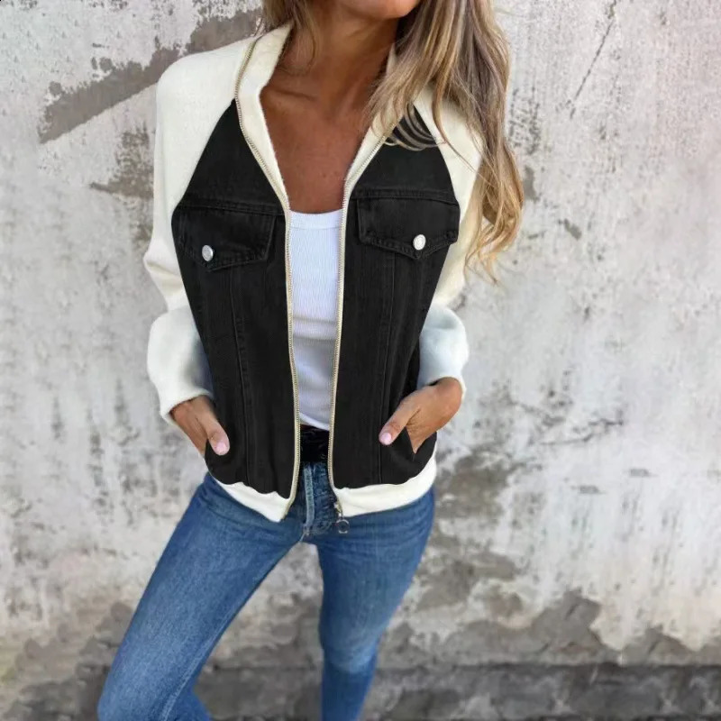 2024 Autumn Winter Cowboy Patchwork Stand Collar Zipper Jacket Casual Fashion Shoulder Sleeve Womens Wear 240904