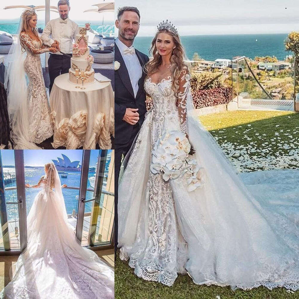 Modest Long Sleeves Dresses Mermaid With Detachable Chapel Train Plus Size Lace Applique Crystal Wedding Gown Vestido De Novia