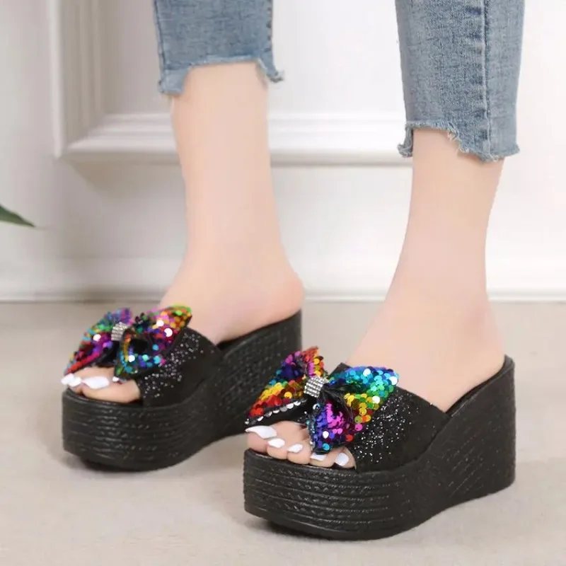 New Plus Size 35-43 Women's Fashion Sequin Bow High Heel Sandals Sexy Platform Shoe Slippers Women atos De Mujer Wome 23a6