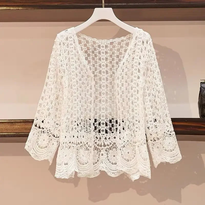 Spring and Autumn Womens Net Yarn Korean Temperament Casual Cardigan Long Sleeve Lace Short Western Style Allmatch Top 240904