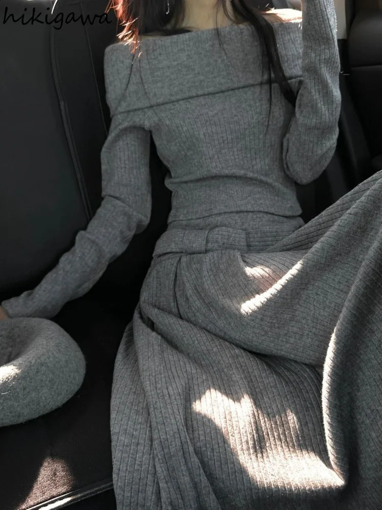Fashion 2-piece ski suit womens clothing diagonal collar shoulder pull down high waist A-line long ski suit casual knit suit 240904