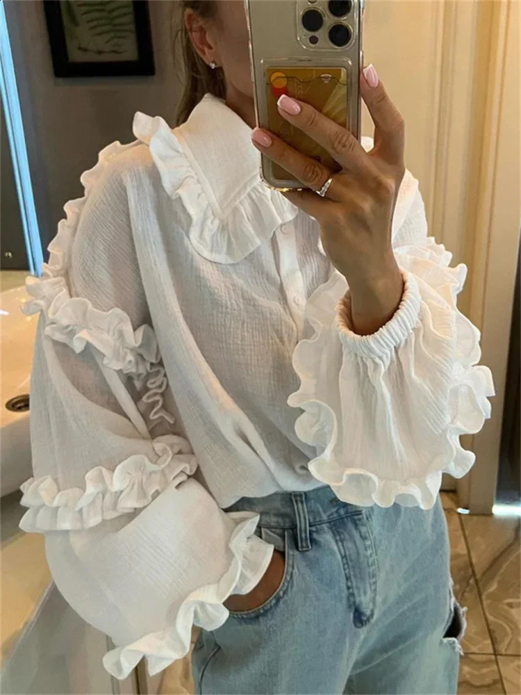 Taruxy Ruffle Loose Womens Shirt 2024 Coton manches longues élégants t-shirts blancs de loisirs de loisirs pour femmes couverture de sacs de vaca