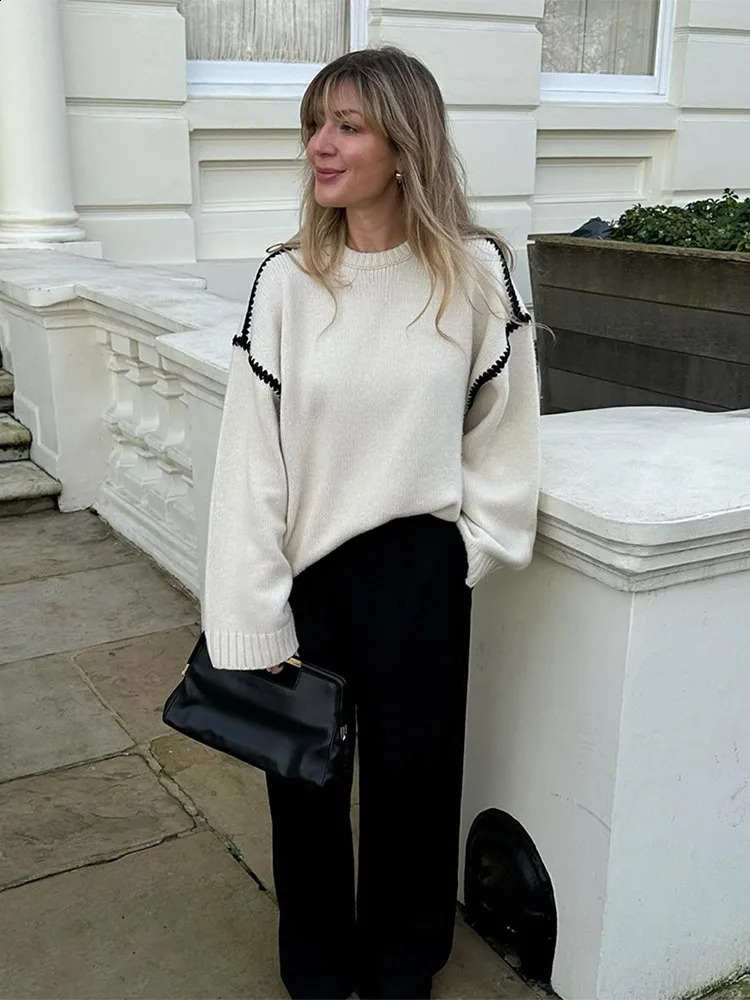 Women Elegant Contrast Oneck Knitted Sweater Casual Long Sleeve Loose Pullover 2024 Autumn Winter Lady Commuting Streetwear 240903