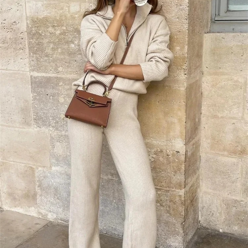 Women Elegant Solid Half Zipper Knitted Top Pants Suits Chic Lapel Long Sleeves High Waist Pant Set Autumn Casual Lady Outfits y240903