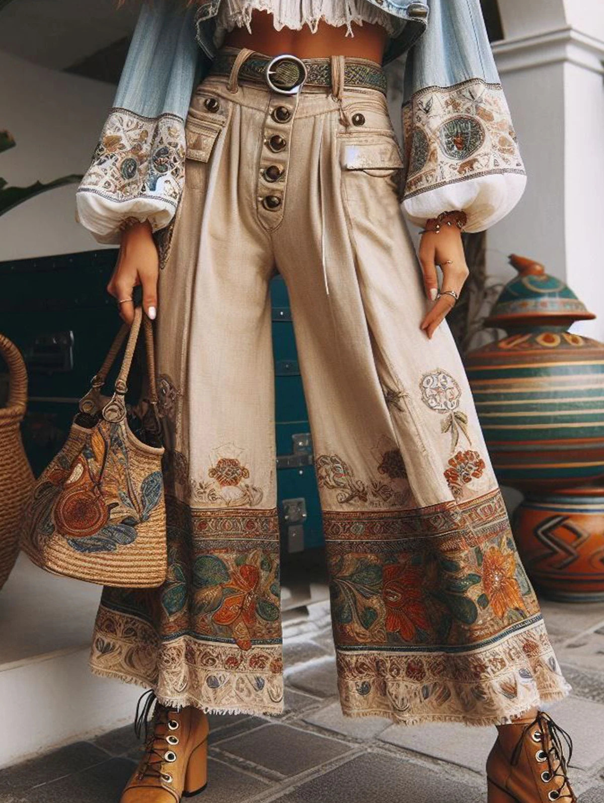 High waisted loose long leg womens pants and Trousers 2024 spring casual retro patch work ethnic style pocket pants 240904
