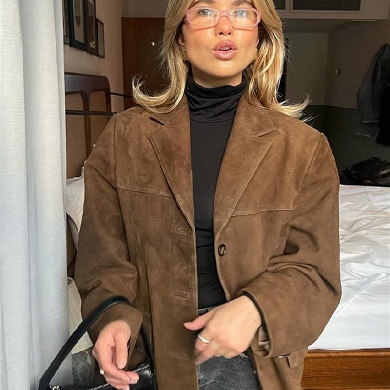 Fashion Brown Lapel With Pocket Jacket Woman Casual Single Breasted Long Sleeve Short Coat 2024 Lady Autumn High Street Outwear 240903