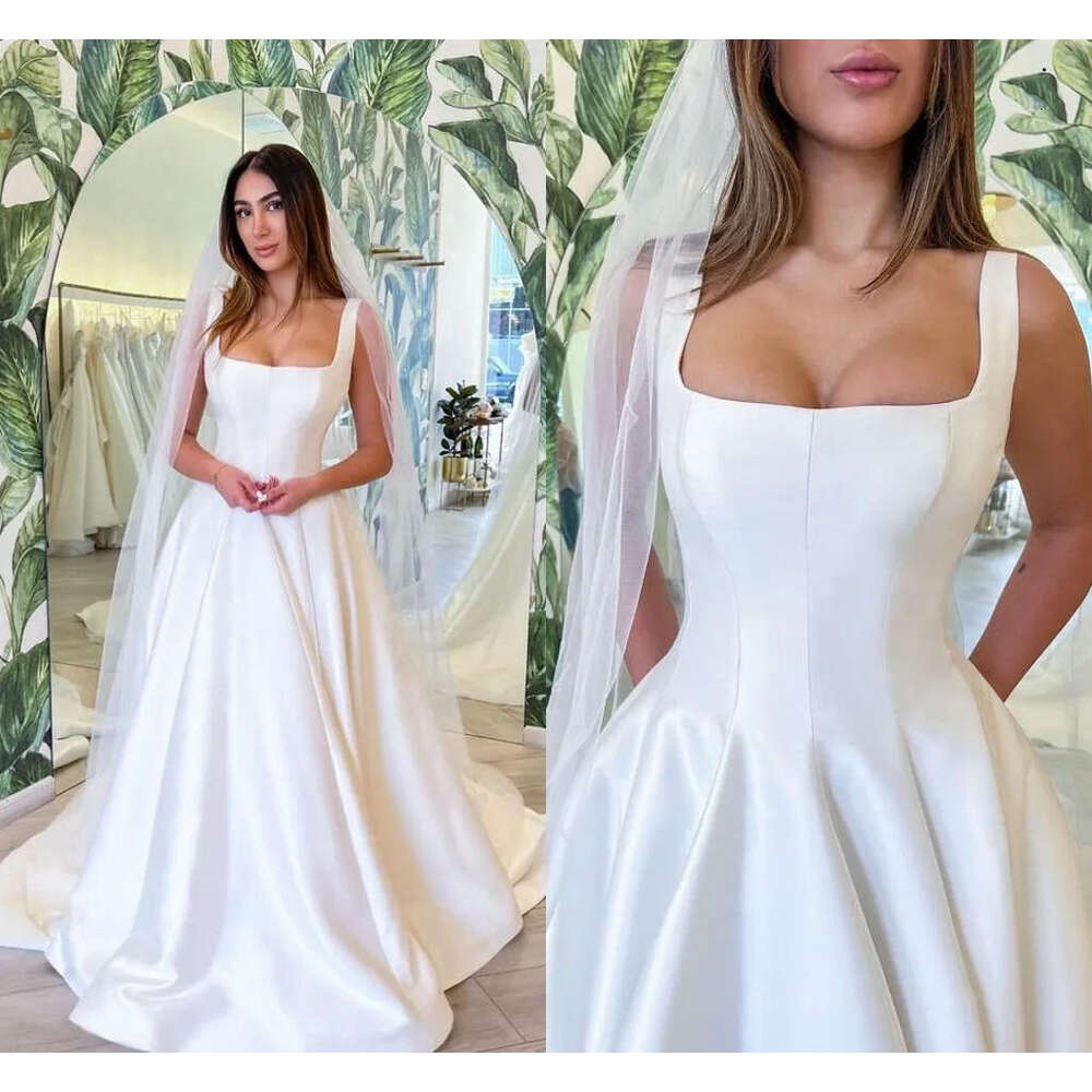 Charming Simple Plus Size A Line Wedding Dresses For Bride Black Women Spaghetti Straps Square Neck Sweep Train Garden Bridal Gowns Vestido De Noiva