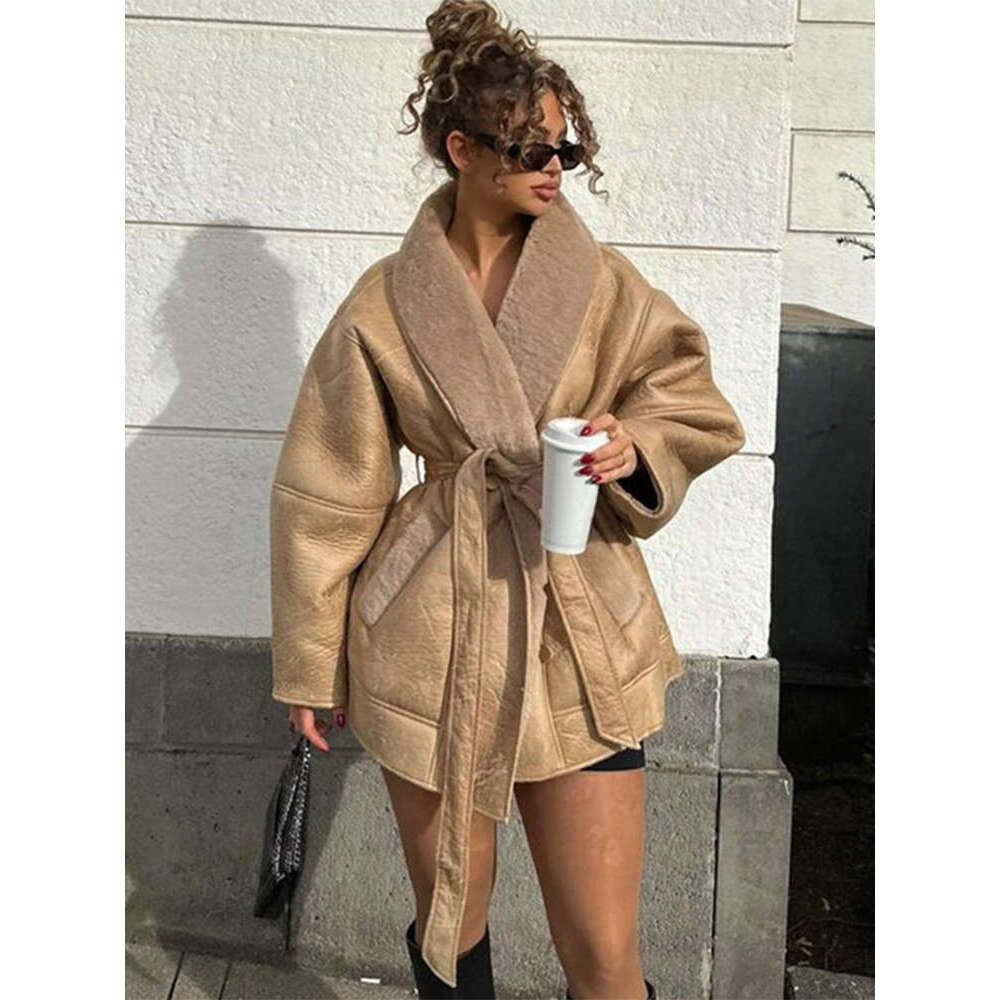 Best-seller hiver fourrure cuir épais veste pour femmes faux Shearg simple boutonnage col rabattu ceintures manteau femme à manches longues Ouwea