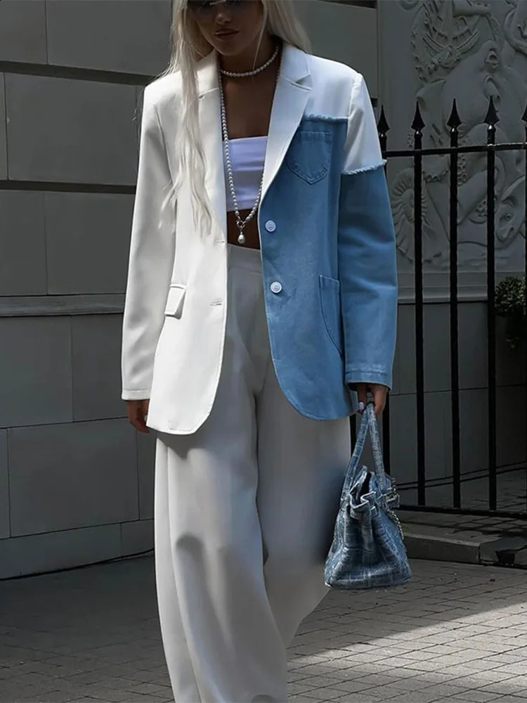 Denim Patchwork Long Sleeve Blazer Jacket Women Loose Single Breasted Lapel Suits Coats Fashion Lady Commute Street Outwear 240903