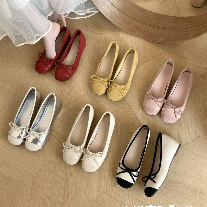 Square Head Flats Single Shoes Women Spring Summer New Moccosins Soft Bottom Ballet Shallow Mouth Bow Inner Heighten 816e