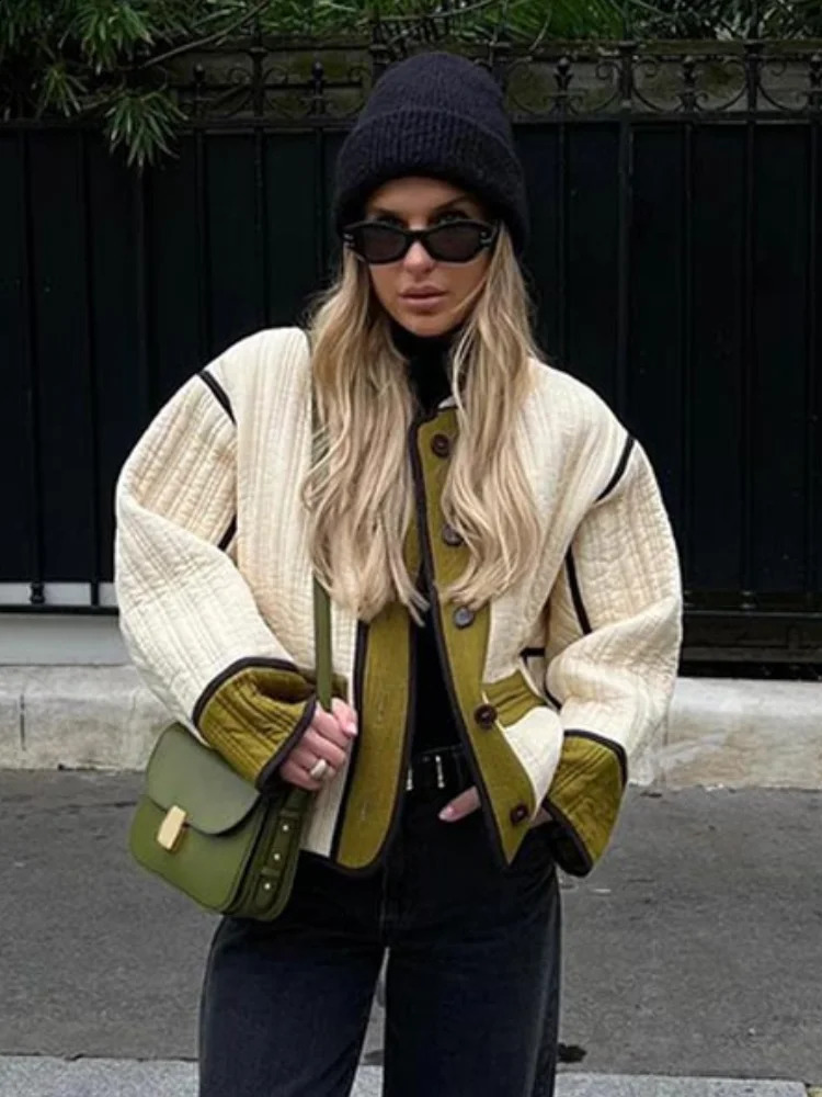 Women Elegant Patchwork Stand Collar Coats Fashion Contrast Single Breasted With Pocket Loose Jacket 2024 Autumn Lady Chic Coat 240903