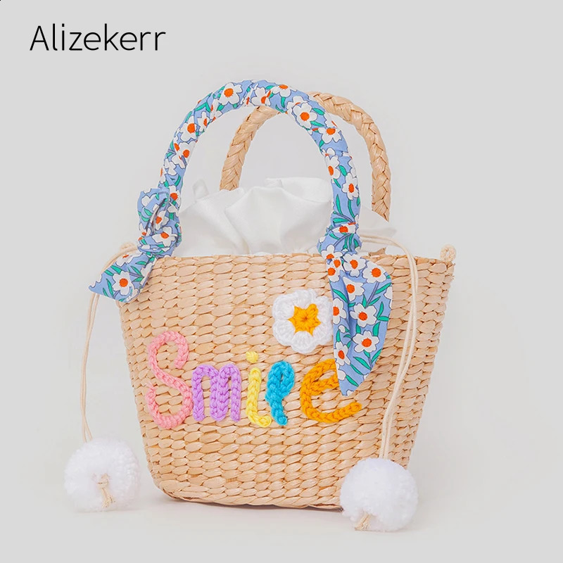 Women Letter Embroidery Straw Bags Summer Cute Handmade Flowers Natural Rattan Beach Shoulder Crossbody Bags Holiday 240903