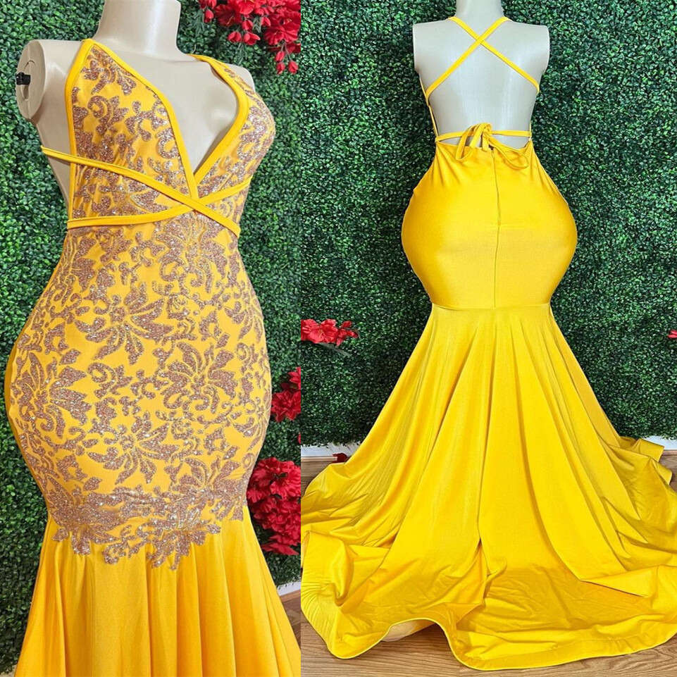 Yellow Aso Ebi Arabic Mermaid Prom Dresses Lace Backless Sexy Evening Formal Party Second Reception Birthday Engagement Bridesmaid Gowns Dress ZJ