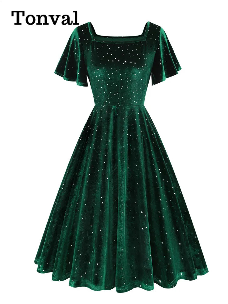 Tonval Dot Velvet Green Elegant Party Womens Winter Dress Square Collar Ruffle Sleeves Retro Midi Swinging Dress 240904