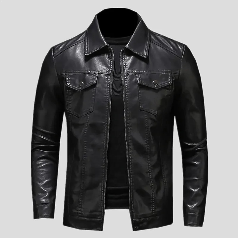 Mens Motorcycle Leather Jacket Large Size Pocket Black Zipper Lapel Slim Fit Male Spring and Autumn High Quality Pu Coat M-5Xl 240903