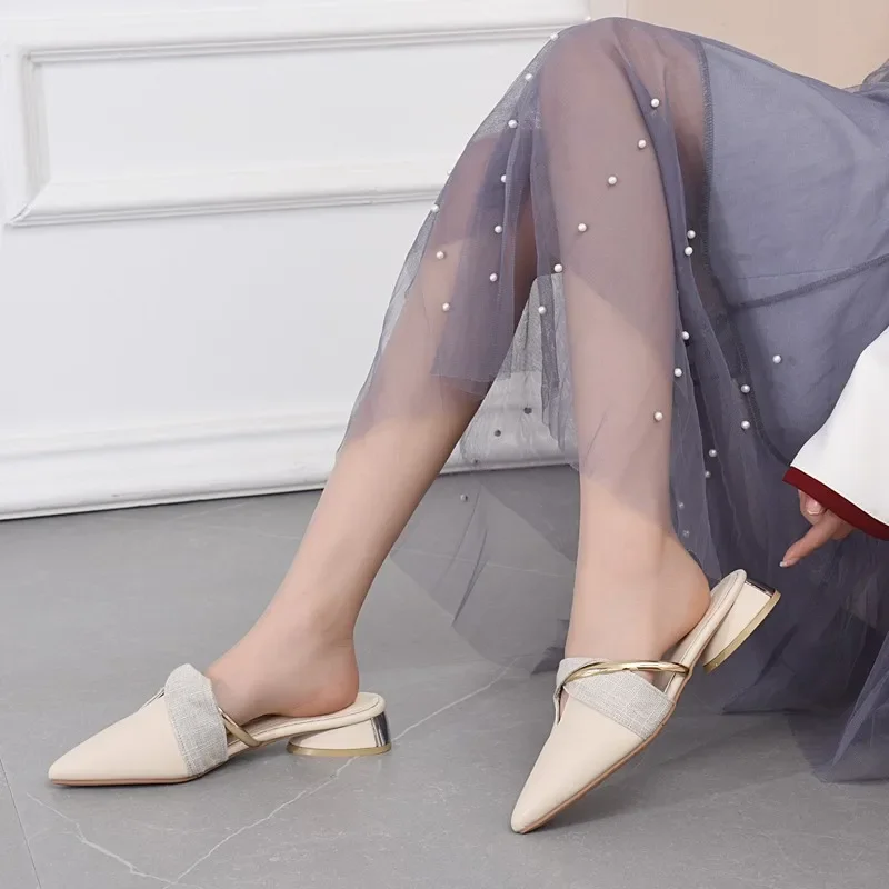Low Elegant Talon Femmes Mules Summer Sexy Sexe Point-Toe Plerseurs Slip on Leisure Ladies Office Shoes Beige Pumps Femme Ad65