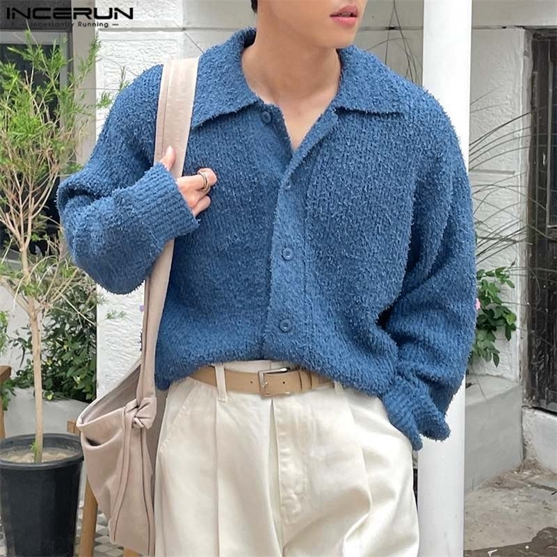 Mens Cardigan Solid Knitted Lapel Long Sleeve Button Male Sweaters Streetwear Fashion Men Clothing S-5XL INCERUN 240903