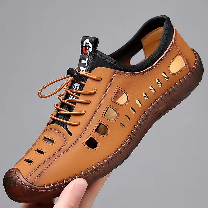 2025 New Men's Summer Sandals Leather Breathable Outdoor Casual Shoes for Men Soft Sole Beach Sports Hiking Sneakers S f78b