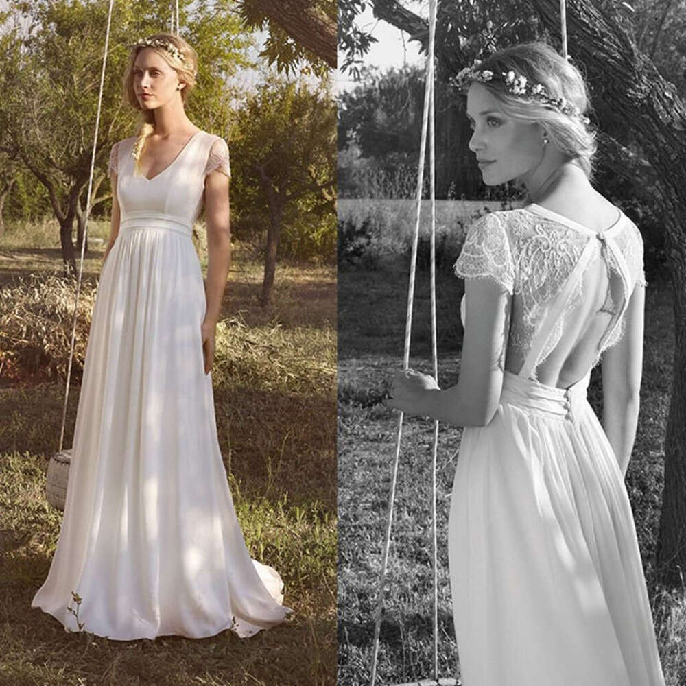 Beach Rembo Styling Chiffon Dresses V Neck Short Sleeve Lace Applique Bridal Gowns Vintage Hollow Back Wedding Dress Cheap Intage