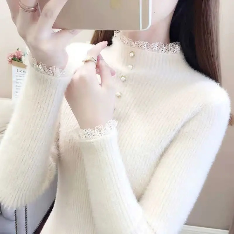 2023 Automne Hiver épais pull d'épaisseur Femmes tricotées Pullor côtelé à manches longues Oneck Slim Pumper Soft Warm Pull Femme Tops 240904