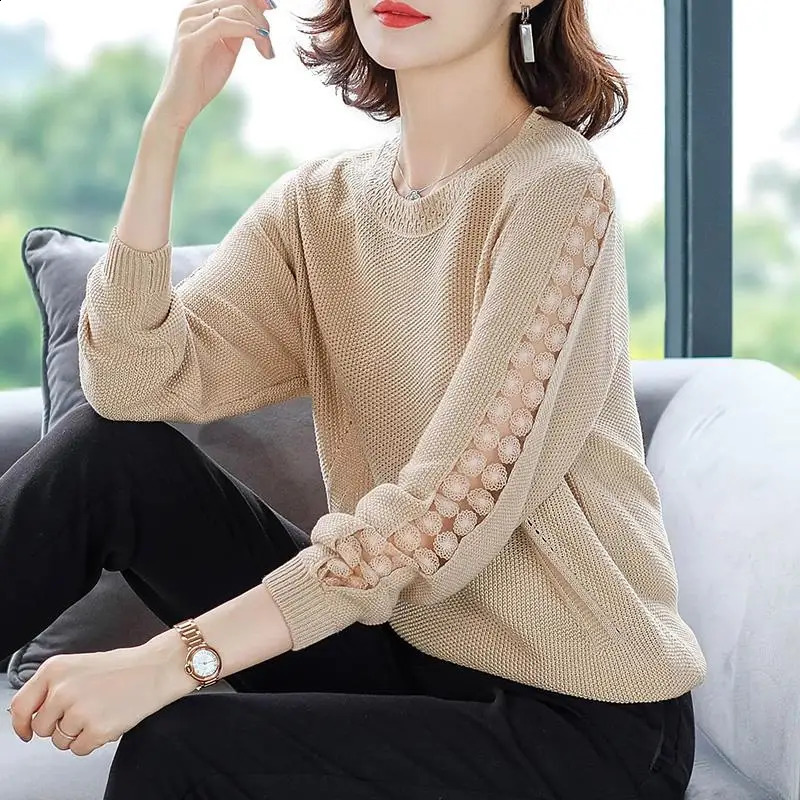 Stitching Lace Base Knitted Sweater Women Flowers Hollow Loose Round Neck Solid Color Casual Jumpers Female 2023 Spring 240904