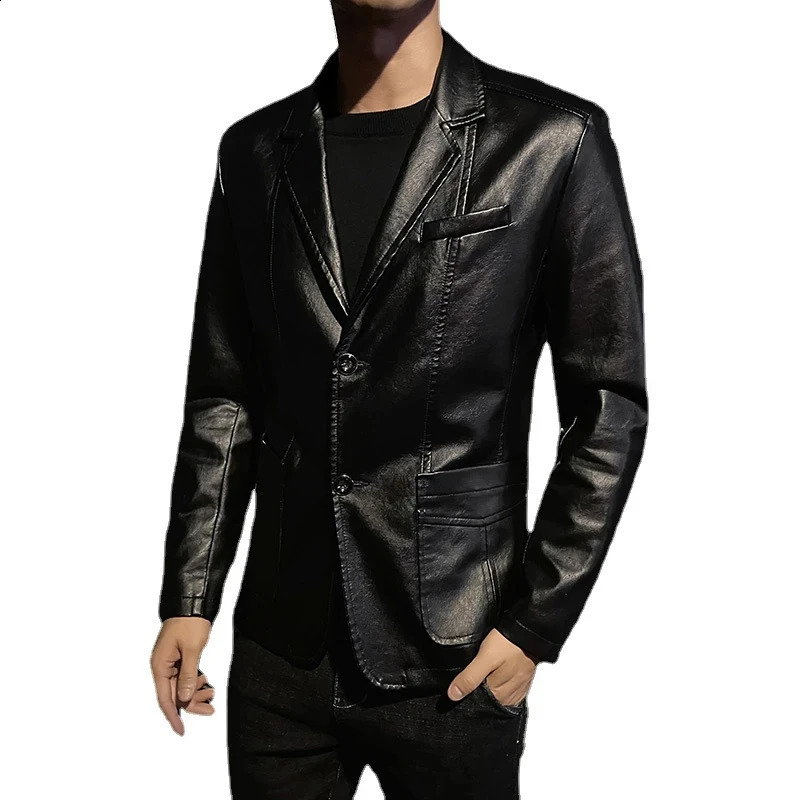 Spring Black PU Suit Jacket Mens Fashion Slim Leather Jacket for men Business Casual Blazers Coat Red Blue Khaki 240903