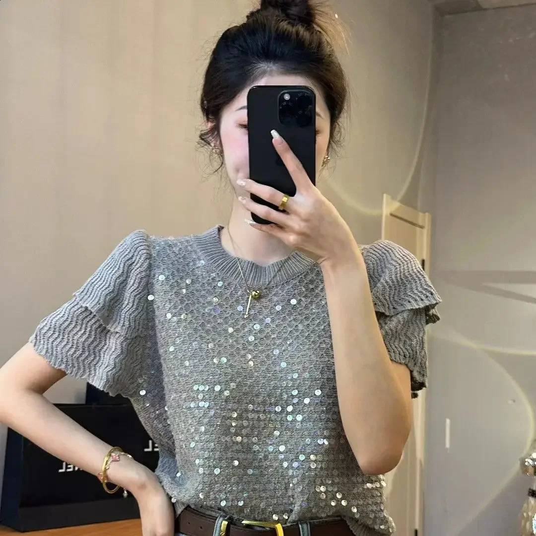 French style sequin round neck flower bud short sleeved knitted sweater for womens spring gentle loose top 240904