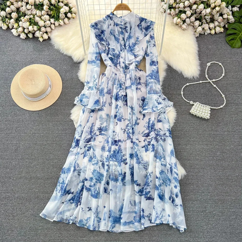 Style de style Cour Fleur Fleur Fleur Imprimé Garnières étincelantes Colliers Femmes Femmes Elegant Vest Chiffon Long Robe 240904
