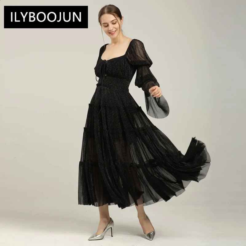 Température de style rétro pour femmes robe carrée robe femme à cravate haute taille bouffée