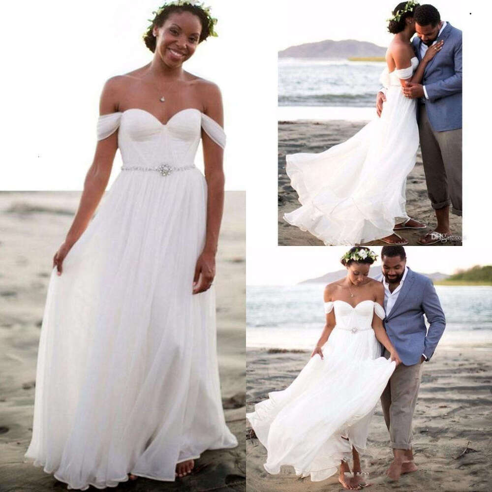 Beach Dresses Elegant A Line Off The Shoulder Crystals Beaded Waist Pleats Ruched Chiffon Custom Made Wedding Gown Vestido De Novia