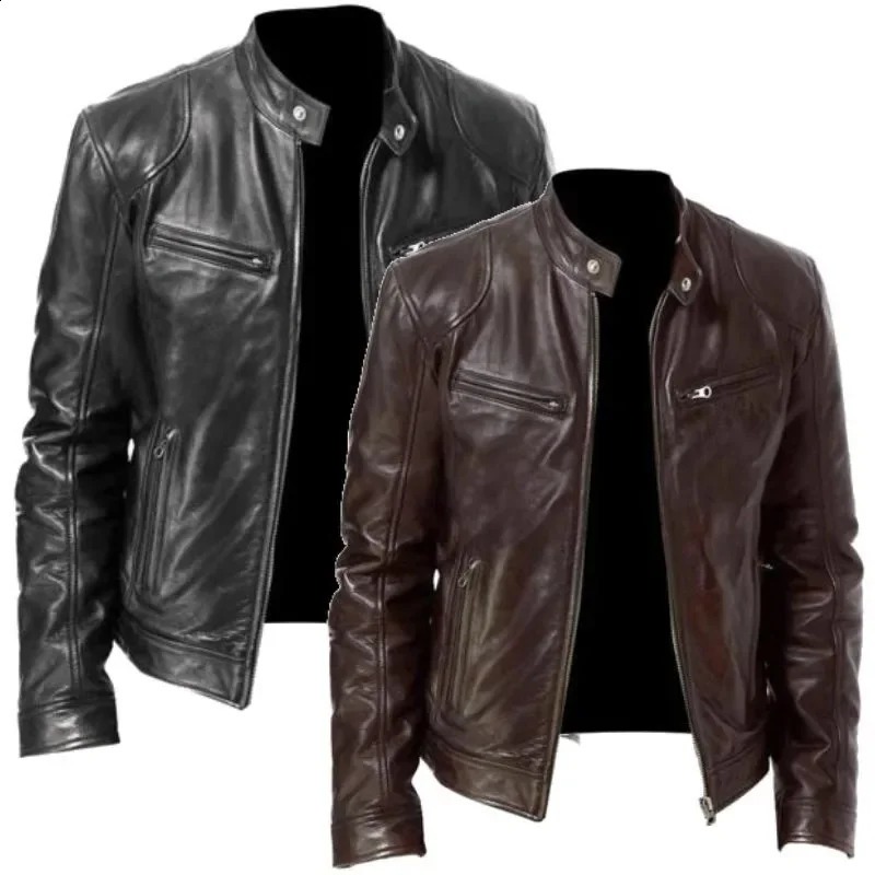 Mens Leather Jacket Mens Stand-up Collar Zipper Biker Leather Jacket Casual Slim Fleece Leather Jacket Fall and Winter Coat 240903