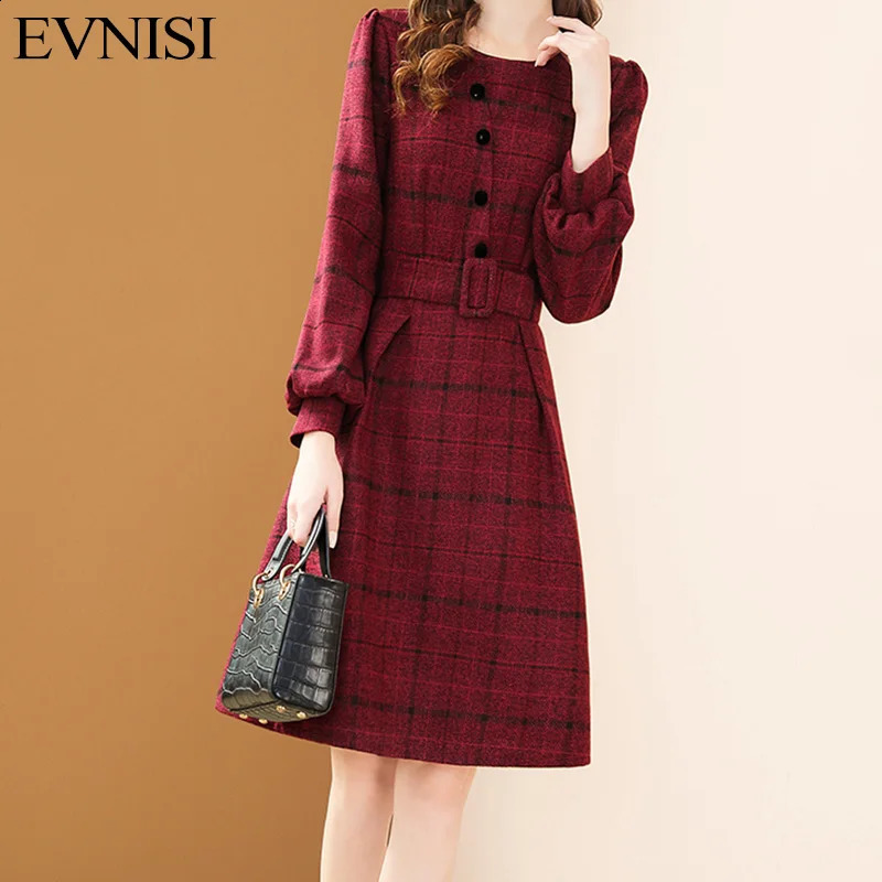EVNISI Autumn Womens Retro Dress with O-neck Elegant Lantern Sleeves Office A-line Womens Party Vest Winter Dress 240904