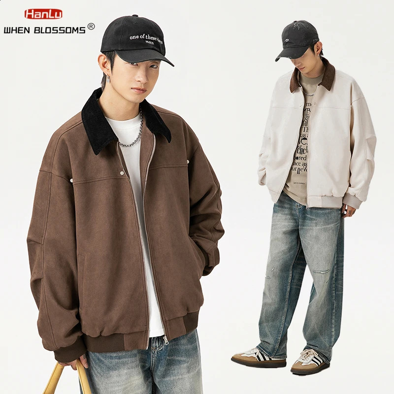 Mens Suede Jackets Autumn Retro Corduroy Lapel Zipper Pocket Windbreaker Coats High Quality Y2k Overcoat Streetwear 240902
