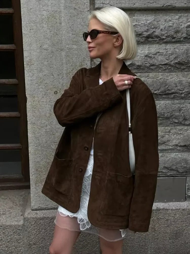 Fashion Brown Lapel With Pocket Jacket Woman Casual Single Breasted Long Sleeve Coat 2024 Lady Autumn Warm High Street Outwear 240903