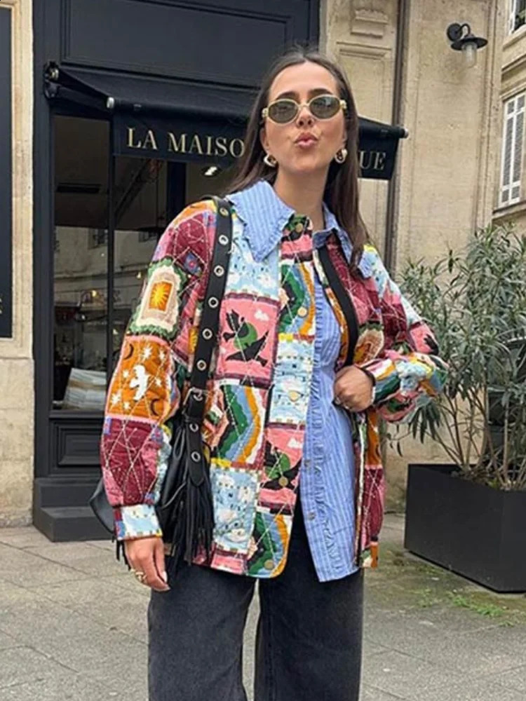 Fashion Print Color Splicing Loose Stand Collar Jackets Chic Single Breasted Long Sleeves Cotton Coat 2024 Lady Warm Outerwear 240903
