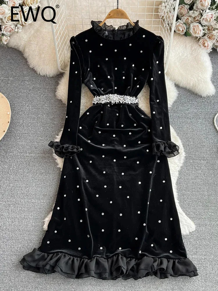 EWQ Sweet Style Robe Womens Flare Long Mancheve Diamond Bracket Velvet High A-Line Robe Automne / Winter Style 27SN4592 240904